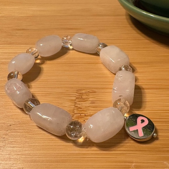 Handmade Jewelry - Rose and White Crystal Quartz Breast Cancer Awareness Pink Ribbon Charm Bracelet